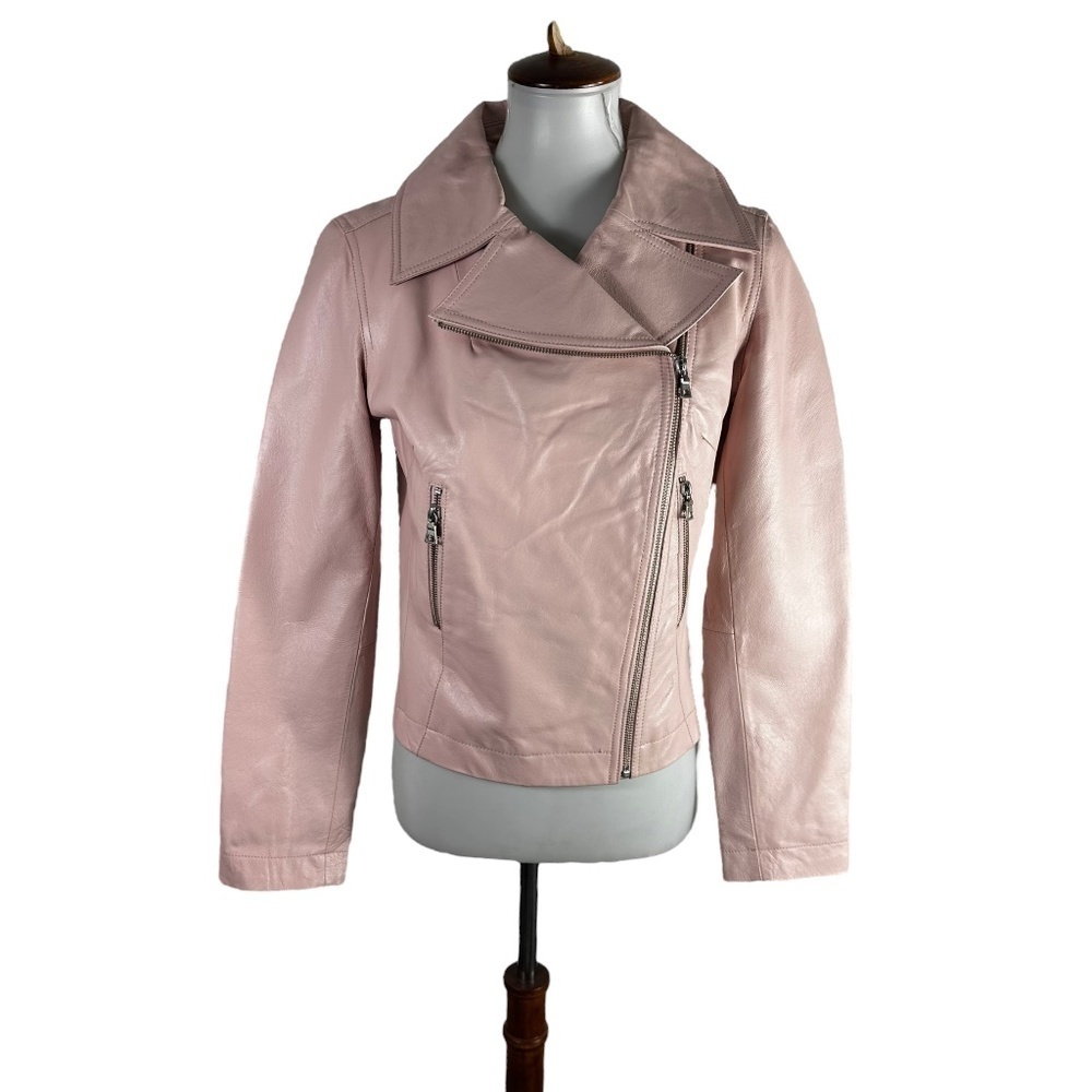 Moda International 100% Leather Pink Moto Jacket SZ XS - Picture 2 of 7